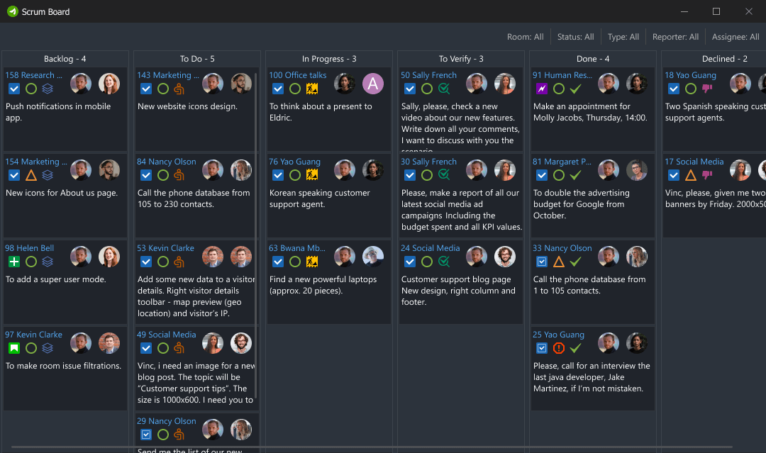 Sort, filter and manage tasks on the task board Example of Virola's Task Board