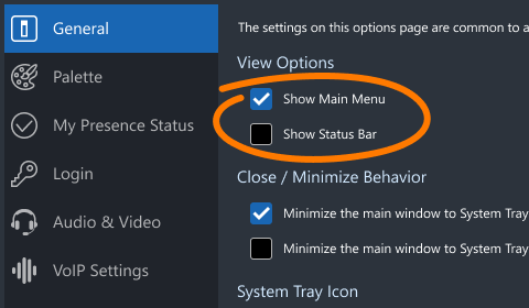 Show or hide menu bar and status bar in desktop client Menu bar and status bar in Virola options