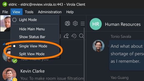 Open desktop client in one or many windows Single/split view mode switch in Virola