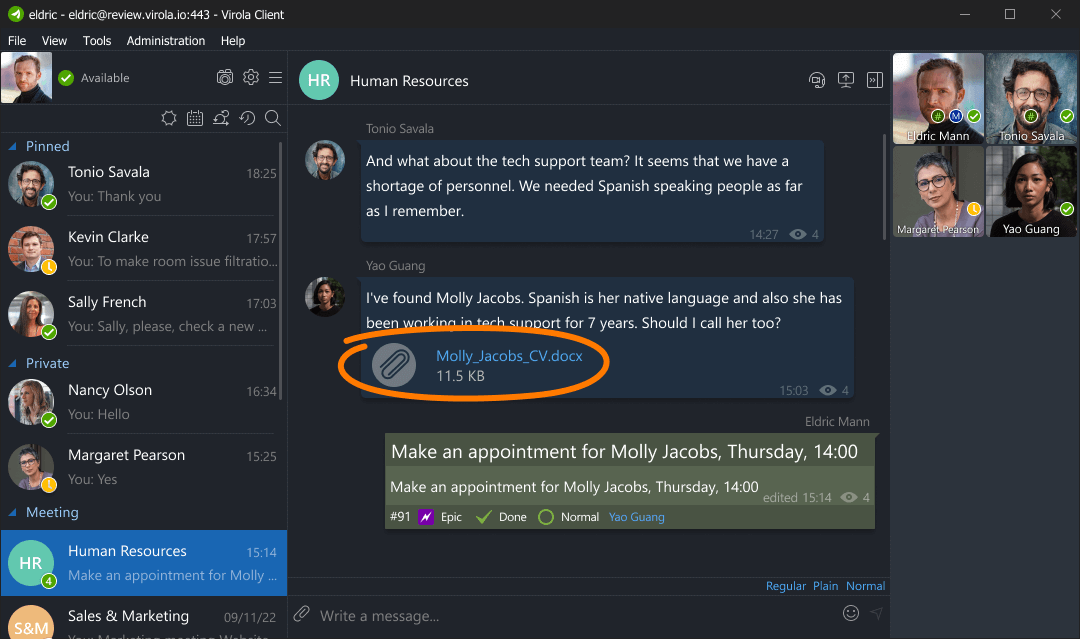 Send files, attach them to messages and issues File sharing in self-hosted Virola messenger