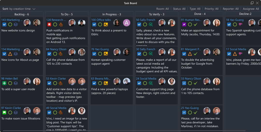 View all issues on a task (Kanban) board, filter issues by assignee, room, etc. Task (Kanban) board in self-hosted Virola messenger