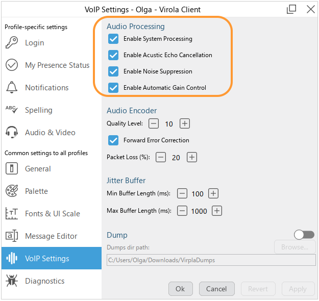 Use VoIP settings to get the best sound quality during meetings VoIP settings in Virola Client