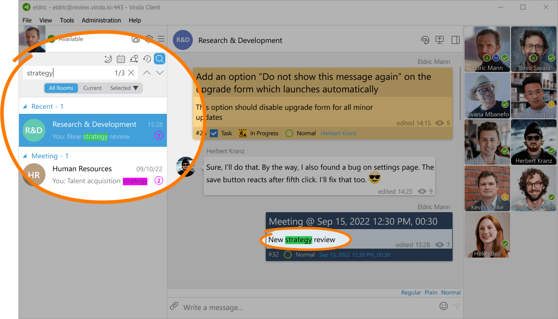 Search by the whole word or by a substring Chat history search in self-hosted Virola messenger