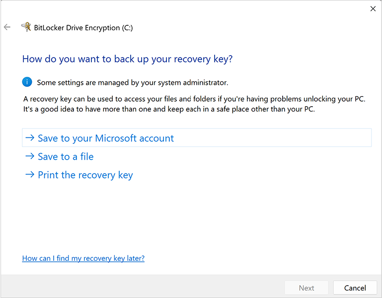 BitLocker 恢复密钥设置屏幕截图