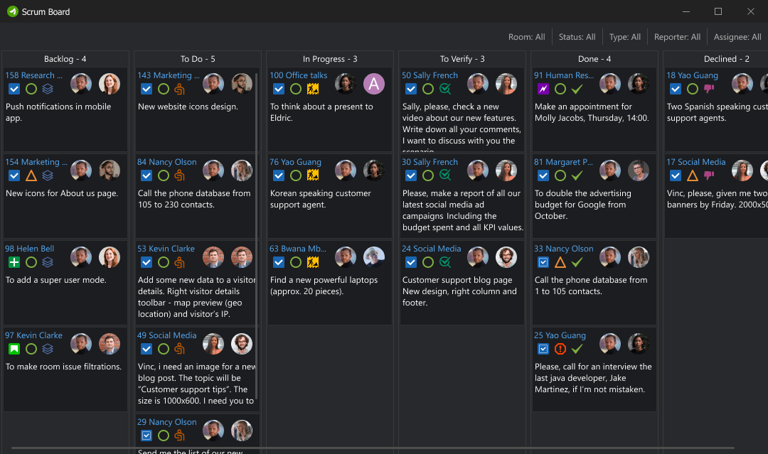 View all issues on a task board, filter issues by assignee, room, etc. Task board in self-hosted Virola messenger